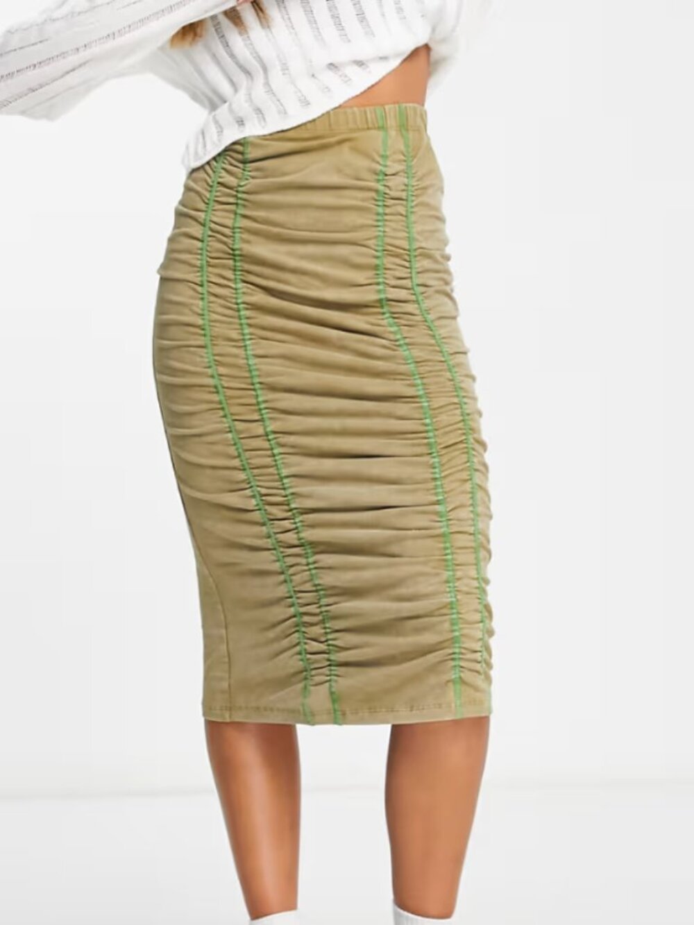 Reclaimed Vintage Faded Army Green Vertical Striped Ruched Fitted Midi Skirt